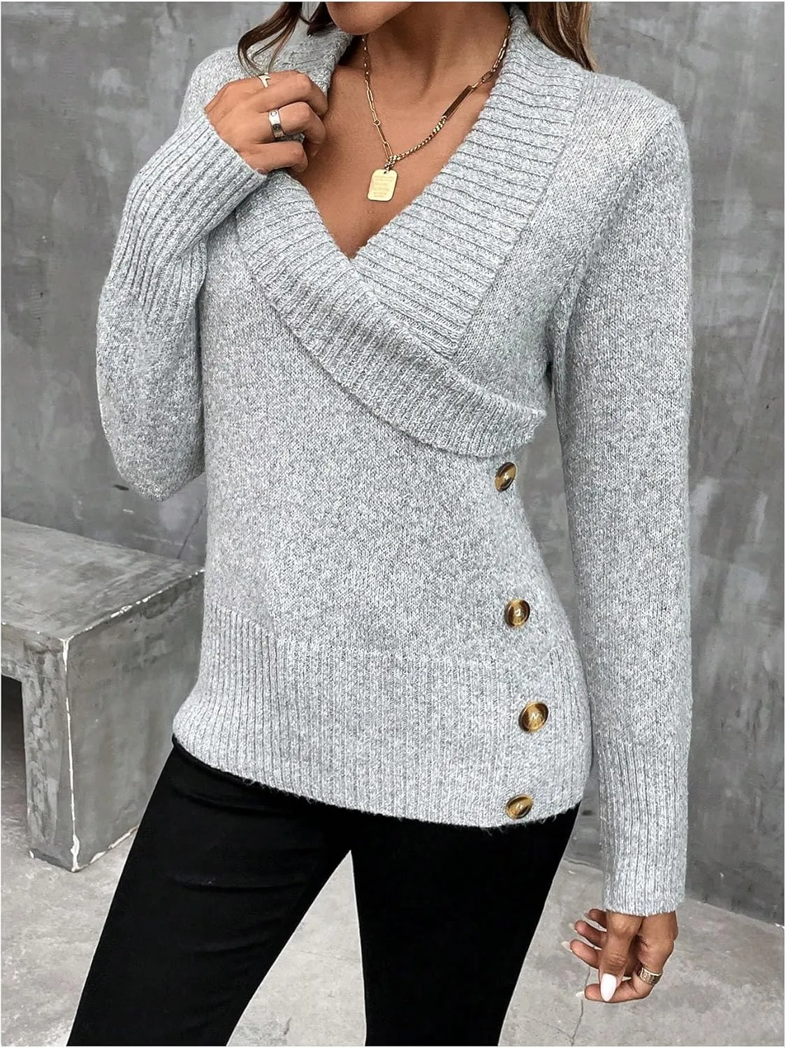 Women's Wrap V Neck Sweater Long Sleeve Button Side Asymmetrical Knit Pullover Tops