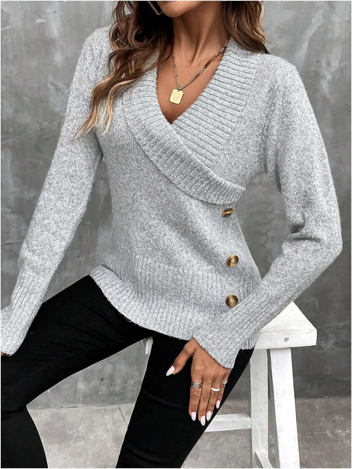 Women's Wrap V Neck Sweater Long Sleeve Button Side Asymmetrical Knit Pullover Tops