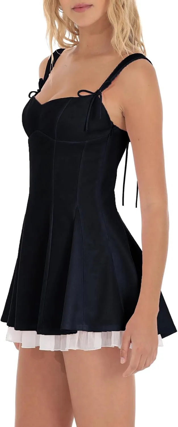 Women's Y2k Corset Mini Dress Cute Bow Lace Patchwork Sleeveless Low Cut A-Line Wedding Graduation Party Short Dress