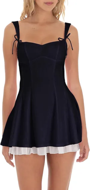 Women's Y2k Corset Mini Dress Cute Bow Lace Patchwork Sleeveless Low Cut A-Line Wedding Graduation Party Short Dress