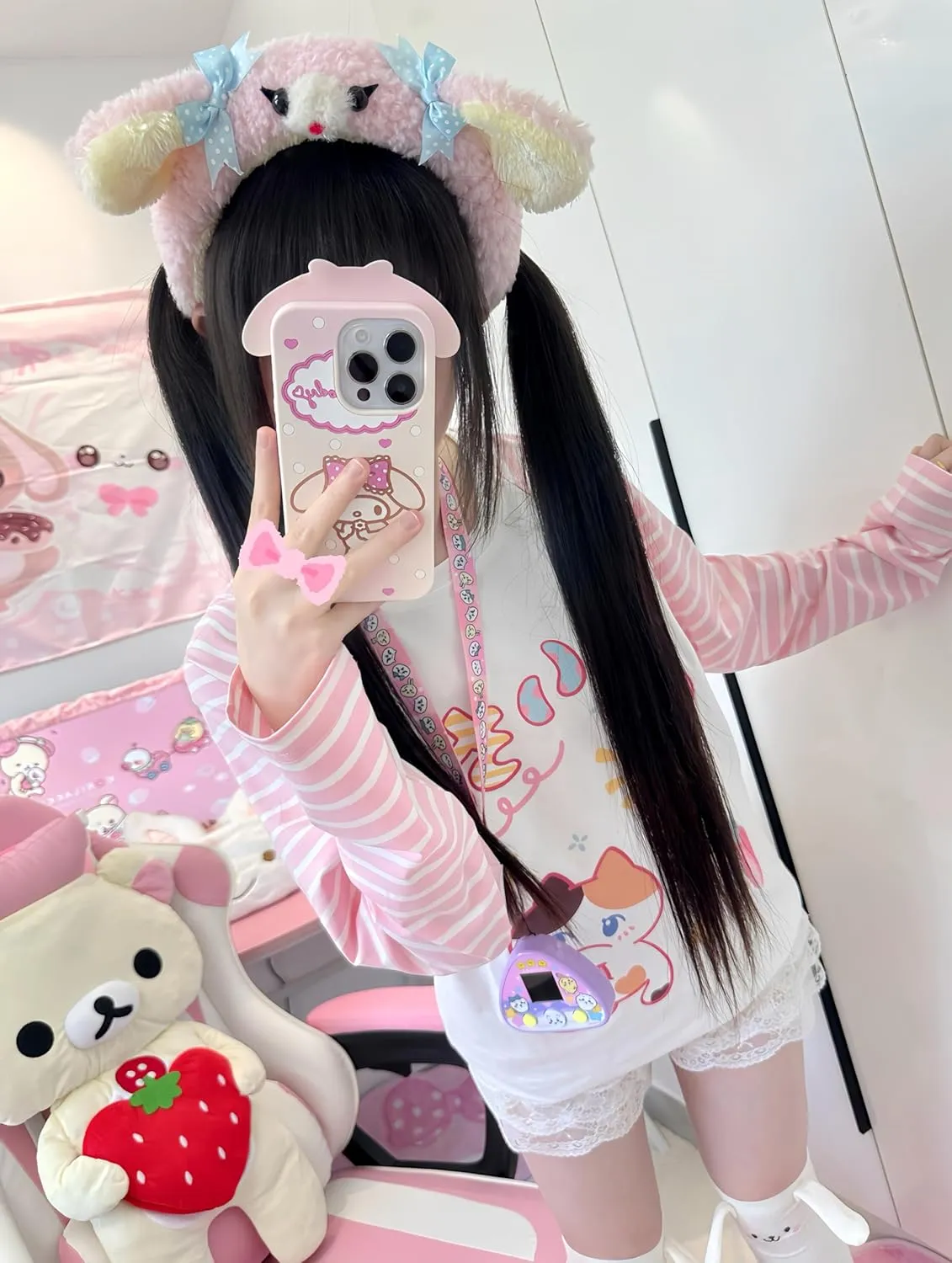 Womens Y2k Cute Graphic Sweatshirts Harajuku Kawaii Striped Sweatshirt Patchwork Cartoon Casual T-Shirts