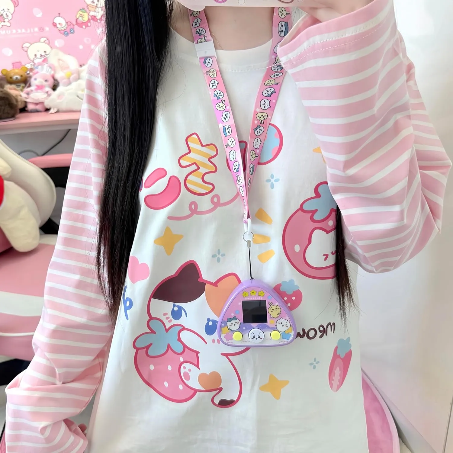 Womens Y2k Cute Graphic Sweatshirts Harajuku Kawaii Striped Sweatshirt Patchwork Cartoon Casual T-Shirts