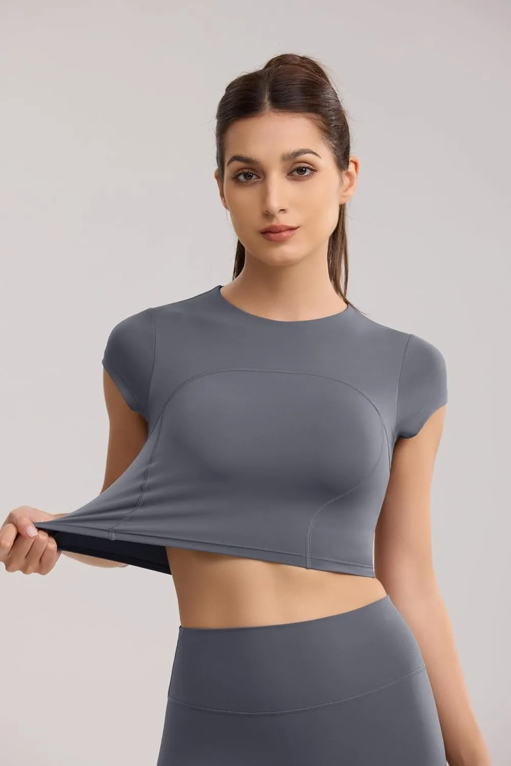 Workout Crop Tops for Women Yoga Short Sleeve Mild Support Slim Fit Cropped Athletic Shirts Gym Tee Built in Bra