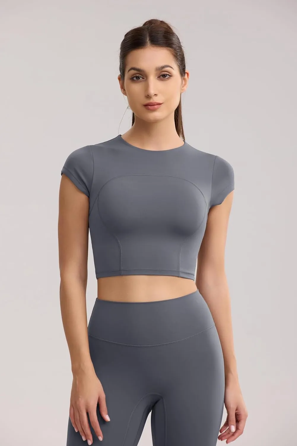 Workout Crop Tops for Women Yoga Short Sleeve Mild Support Slim Fit Cropped Athletic Shirts Gym Tee Built in Bra