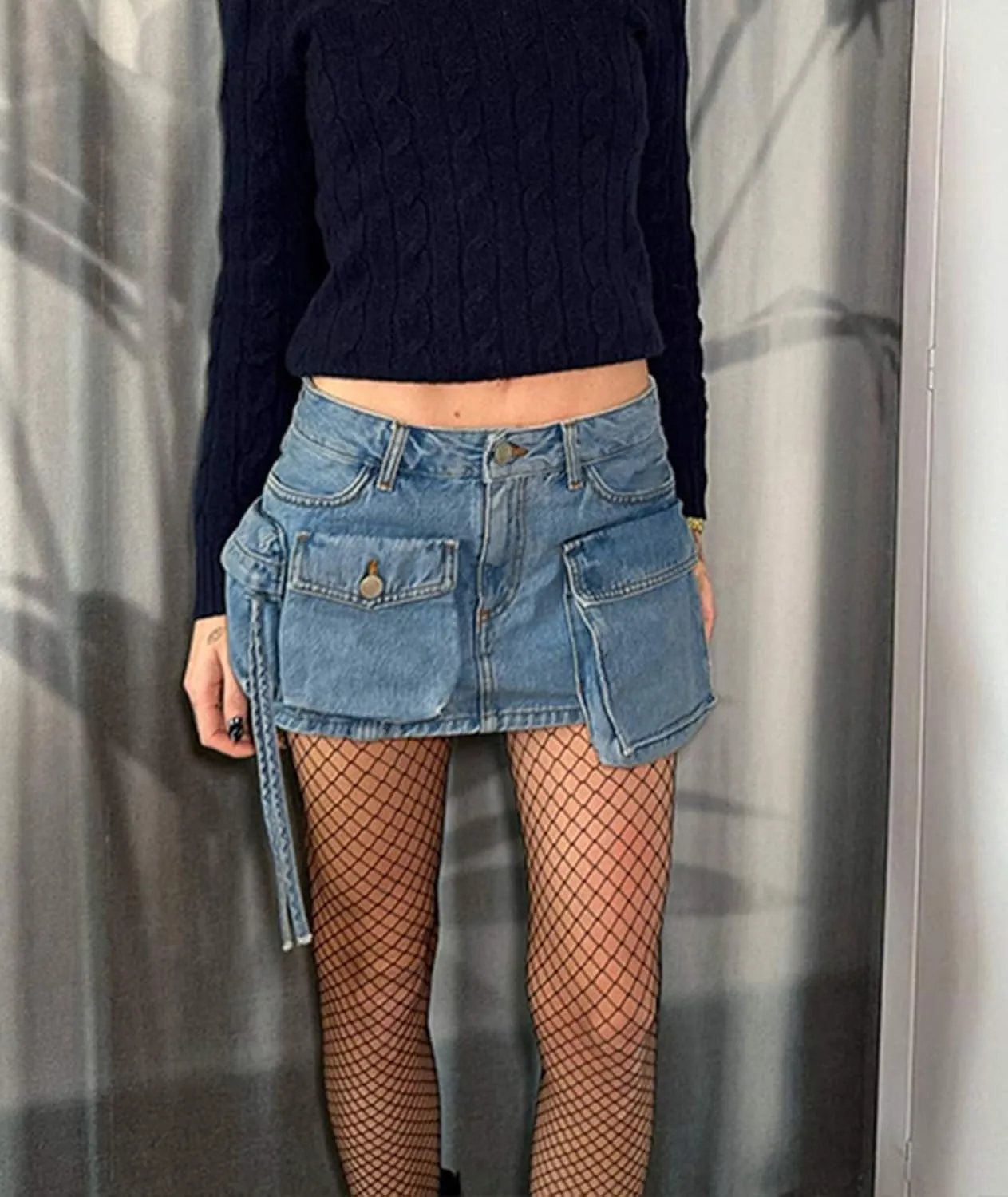 xxxiticat Women's Denim Skirt High Rise Tie Dye 3D Multi-Pocket Gradient Asymmetric Cargo A-Line Distressed Jean Short Skirt