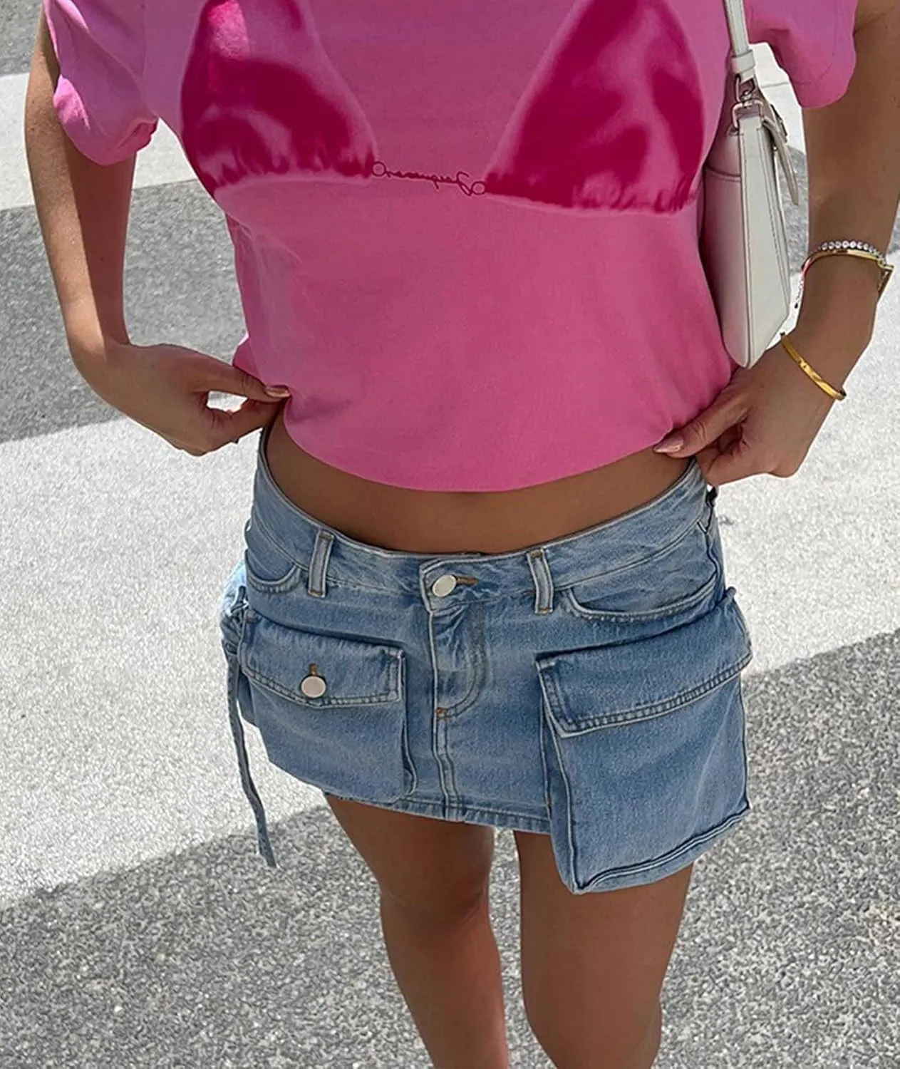 xxxiticat Women's Denim Skirt High Rise Tie Dye 3D Multi-Pocket Gradient Asymmetric Cargo A-Line Distressed Jean Short Skirt