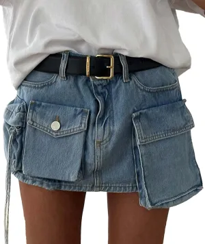 xxxiticat Women's Denim Skirt High Rise Tie Dye 3D Multi-Pocket Gradient Asymmetric Cargo A-Line Distressed Jean Short Skirt