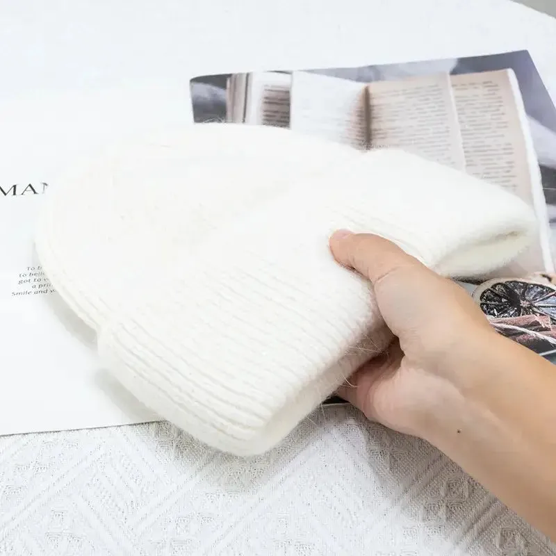 Y2K Tri-Ply Fur Knitted Beanie in Polyester Blend with Solid Pattern