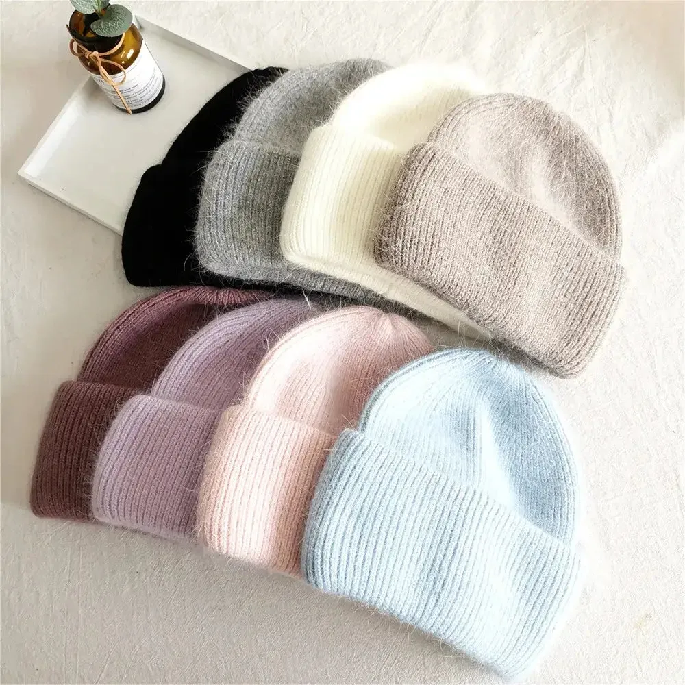Y2K Tri-Ply Fur Knitted Beanie in Polyester Blend with Solid Pattern