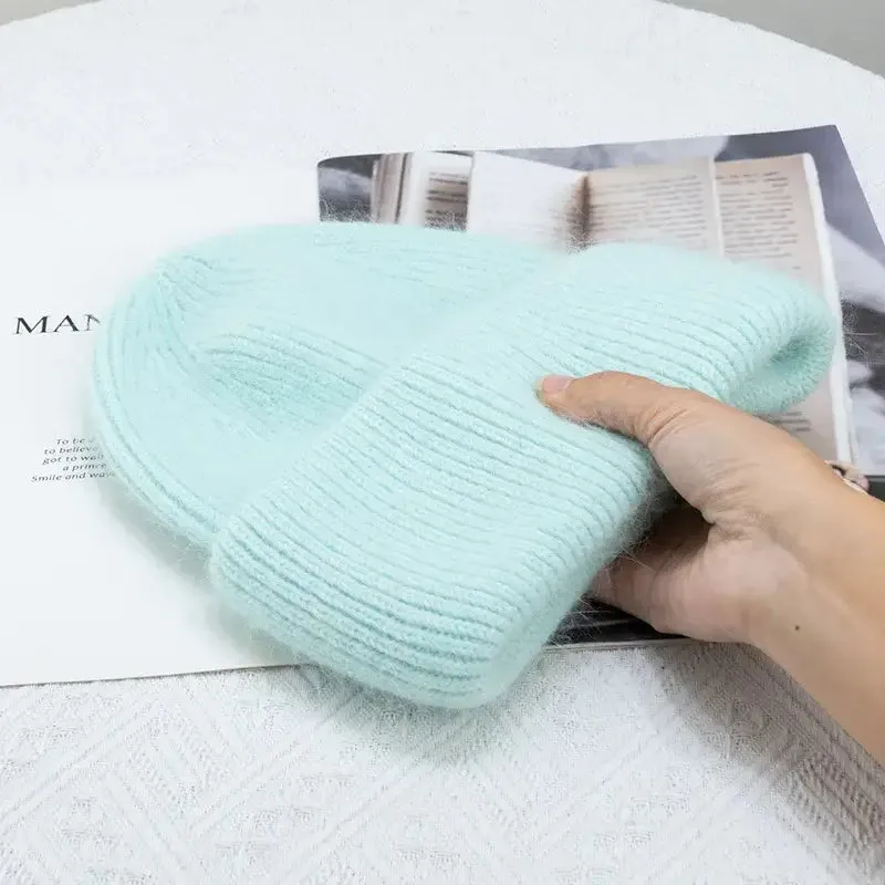 Y2K Tri-Ply Fur Knitted Beanie in Polyester Blend with Solid Pattern