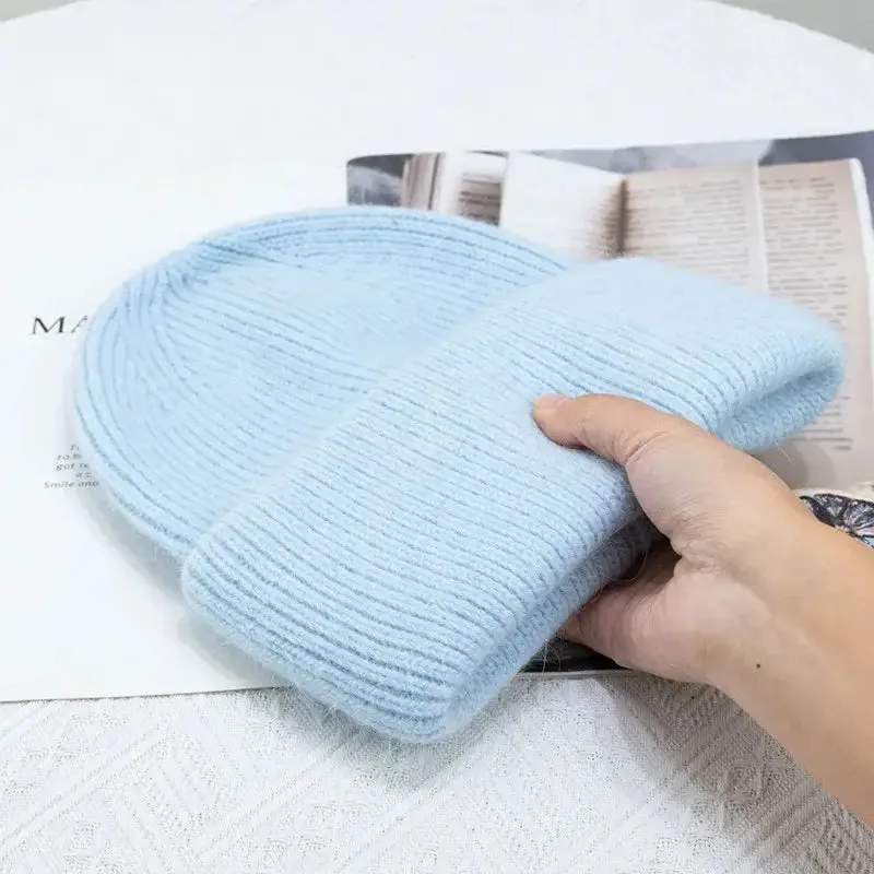 Y2K Tri-Ply Fur Knitted Beanie in Polyester Blend with Solid Pattern