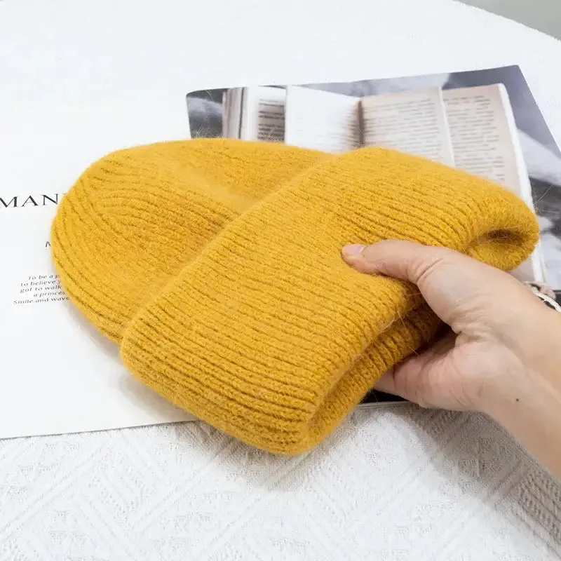 Y2K Tri-Ply Fur Knitted Beanie in Polyester Blend with Solid Pattern
