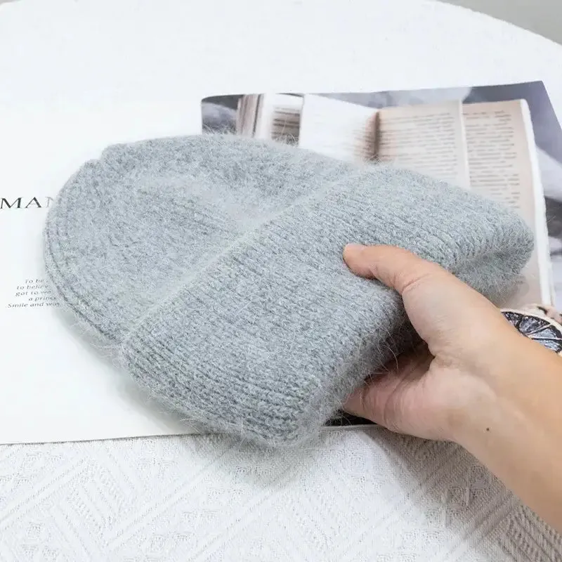 Y2K Tri-Ply Fur Knitted Beanie in Polyester Blend with Solid Pattern
