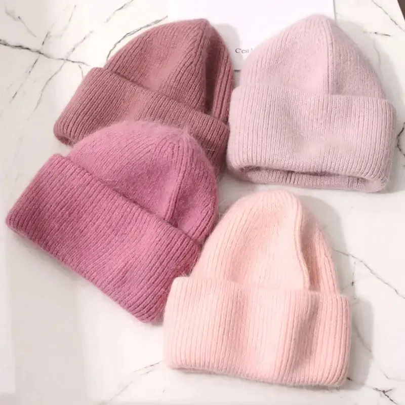 Y2K Tri-Ply Fur Knitted Beanie in Polyester Blend with Solid Pattern