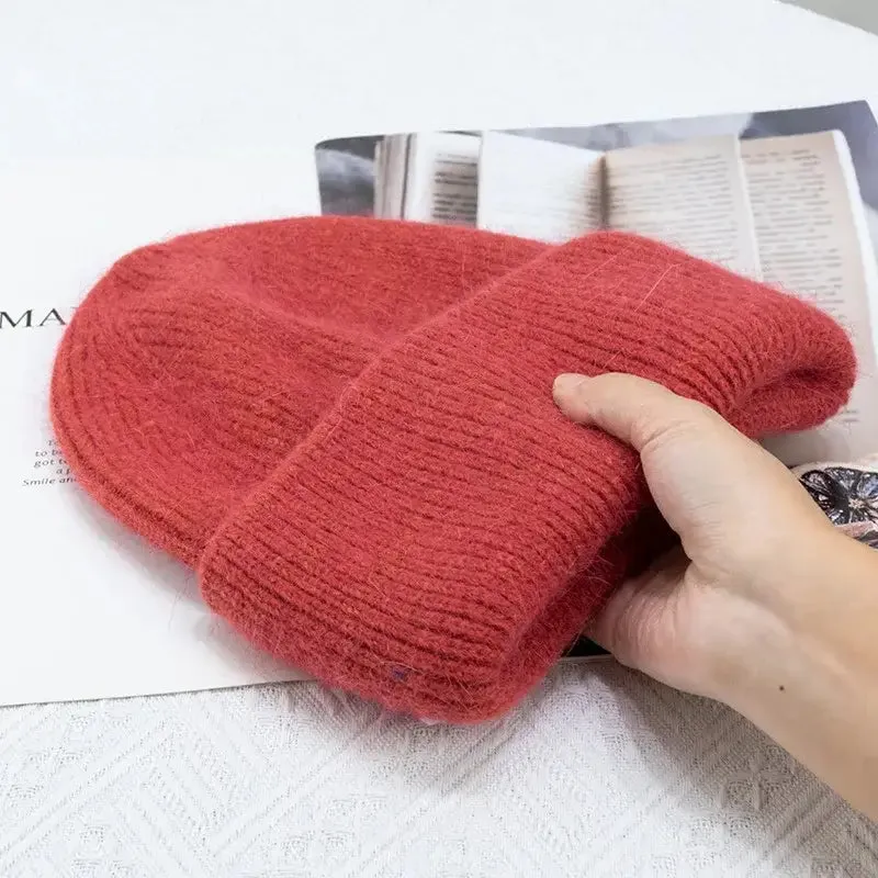 Y2K Tri-Ply Fur Knitted Beanie in Polyester Blend with Solid Pattern