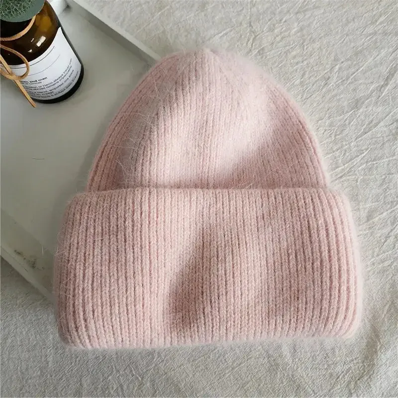Y2K Tri-Ply Fur Knitted Beanie in Polyester Blend with Solid Pattern