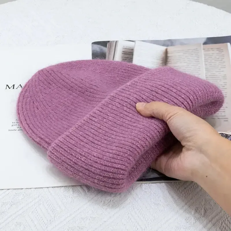 Y2K Tri-Ply Fur Knitted Beanie in Polyester Blend with Solid Pattern