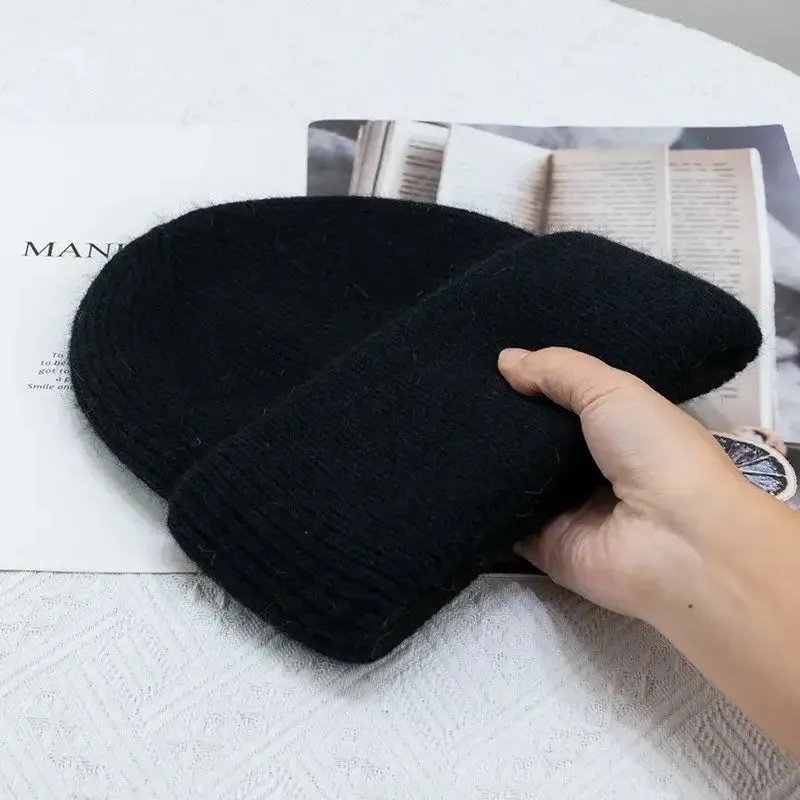 Y2K Tri-Ply Fur Knitted Beanie in Polyester Blend with Solid Pattern