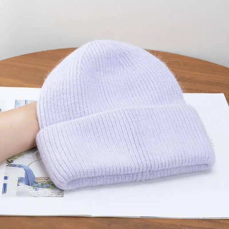Y2K Tri-Ply Fur Knitted Beanie in Polyester Blend with Solid Pattern