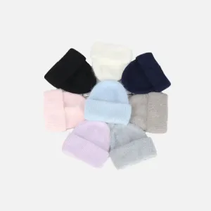 Y2K Tri-Ply Fur Knitted Beanie in Polyester Blend with Solid Pattern
