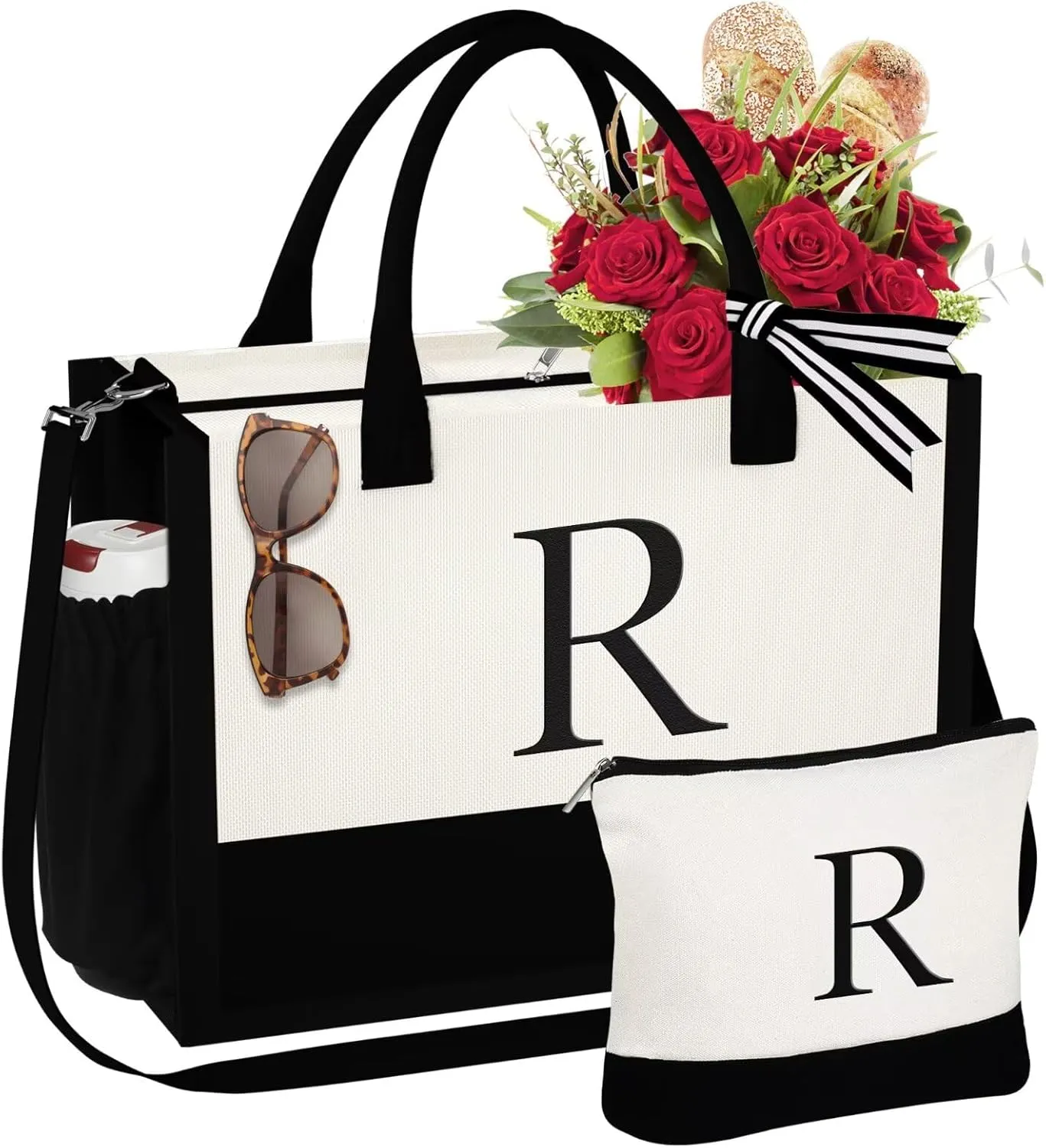 YOOLIFE Gifts for Women - Initial Tote Bag & Makeup Bag, Birthday Gifts for Women Mom Wife Teacher Friend