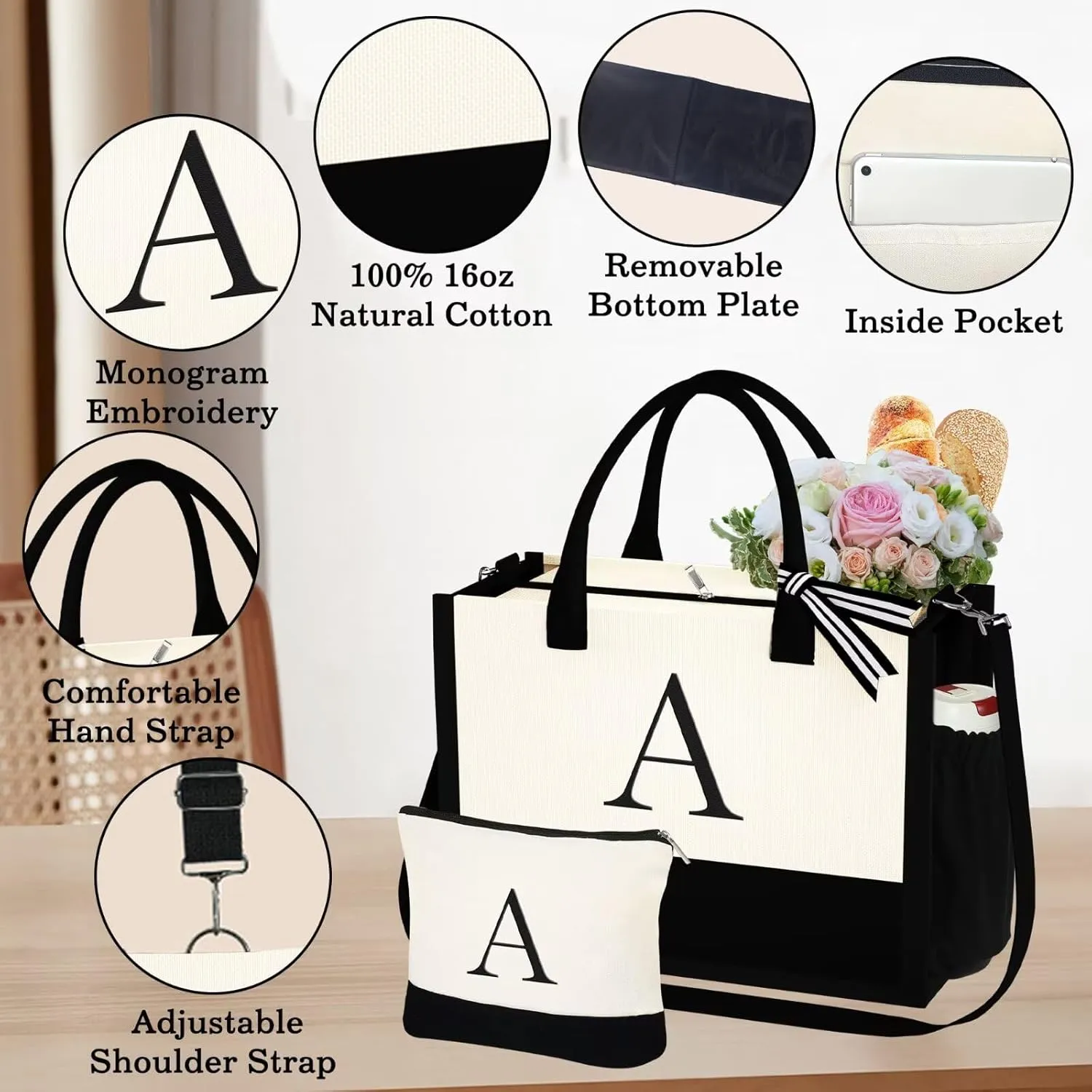 YOOLIFE Gifts for Women - Initial Tote Bag & Makeup Bag, Birthday Gifts for Women Mom Wife Teacher Friend