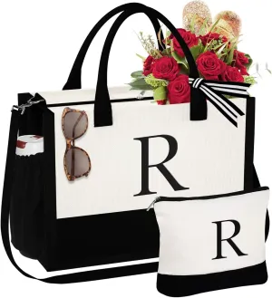 YOOLIFE Gifts for Women - Initial Tote Bag & Makeup Bag, Birthday Gifts for Women Mom Wife Teacher Friend