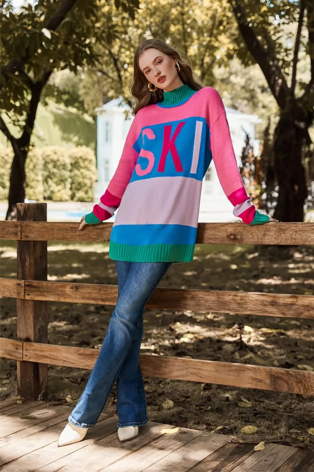 Yousify Womens Sweaters Fall 2024 Oversized Color Block Ski Sweater Crewneck Winter Tops S-2XL