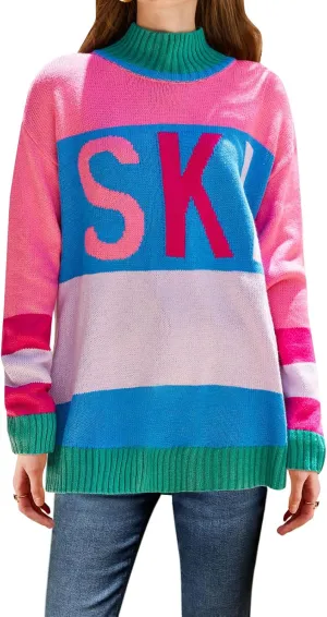 Yousify Womens Sweaters Fall 2024 Oversized Color Block Ski Sweater Crewneck Winter Tops S-2XL