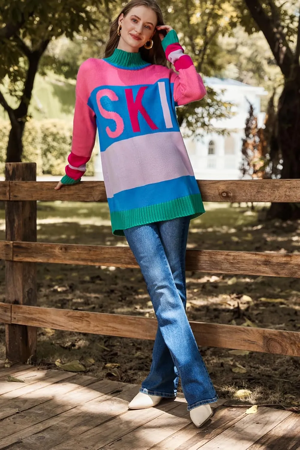 Yousify Womens Sweaters Fall 2024 Oversized Color Block Ski Sweater Crewneck Winter Tops S-2XL