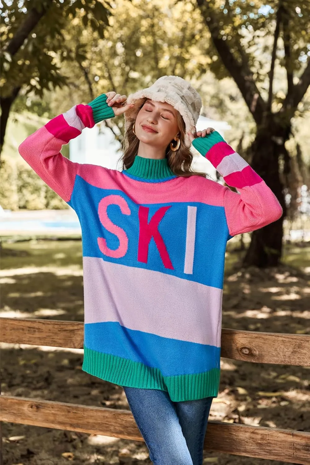 Yousify Womens Sweaters Fall 2024 Oversized Color Block Ski Sweater Crewneck Winter Tops S-2XL
