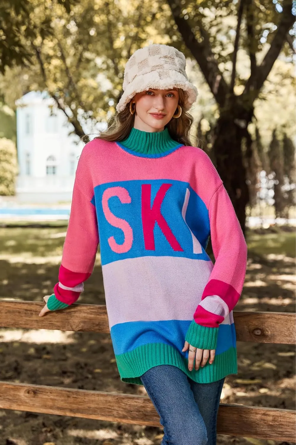 Yousify Womens Sweaters Fall 2024 Oversized Color Block Ski Sweater Crewneck Winter Tops S-2XL