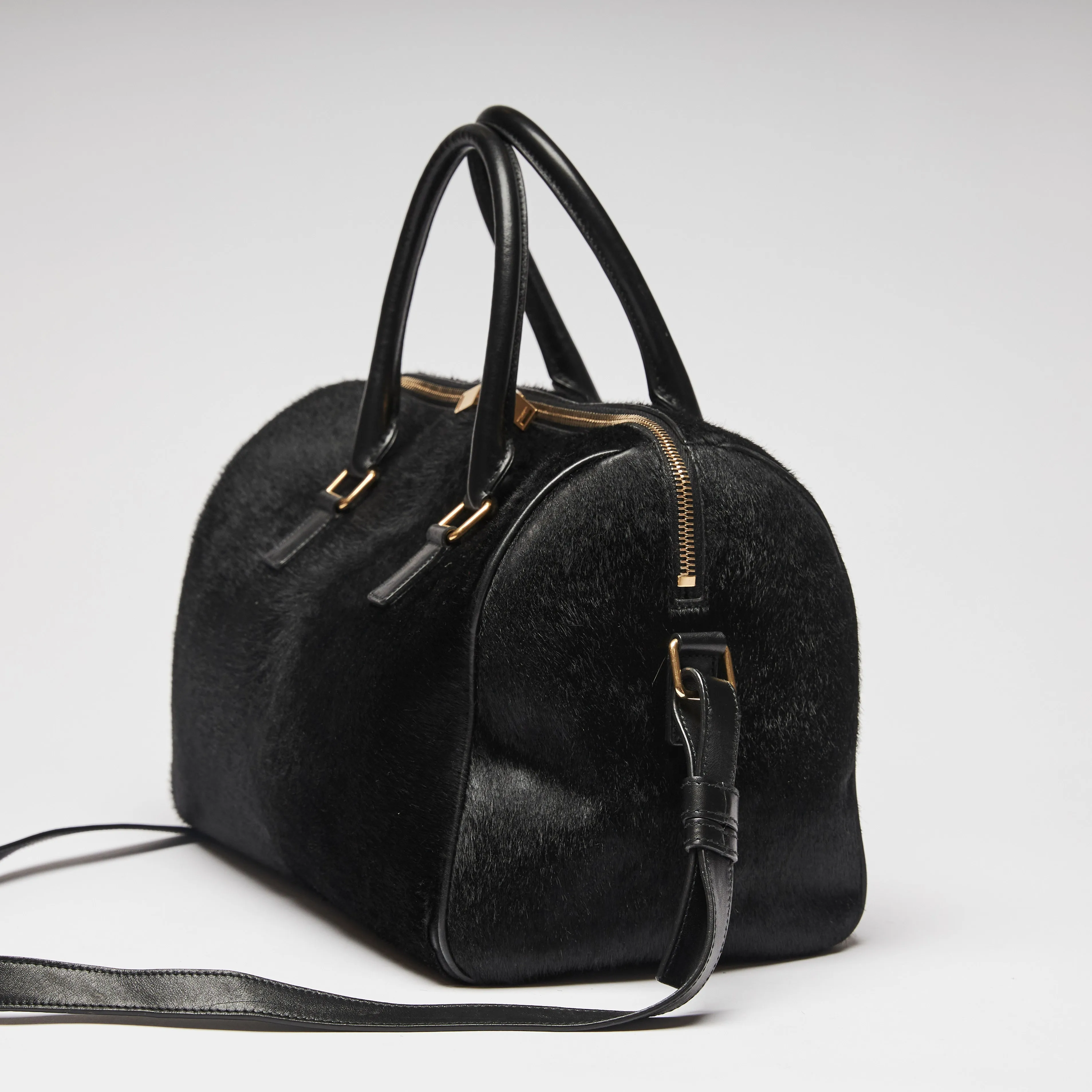 YSL Black Leather and Pony Hair Duffle Bag