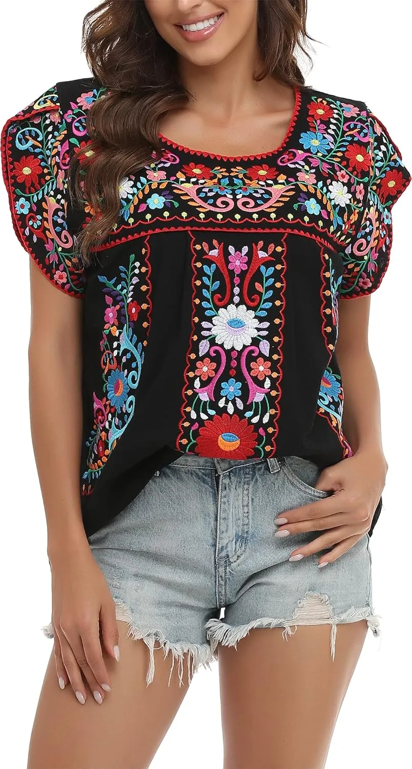 YZXDORWJ Women's Summer Boho Embroidery Mexican Bohemian Tops Shirt Tunic