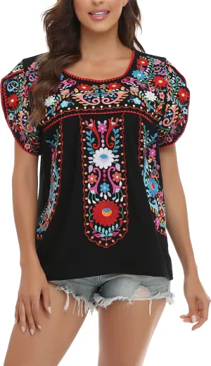 YZXDORWJ Women's Summer Boho Embroidery Mexican Bohemian Tops Shirt Tunic
