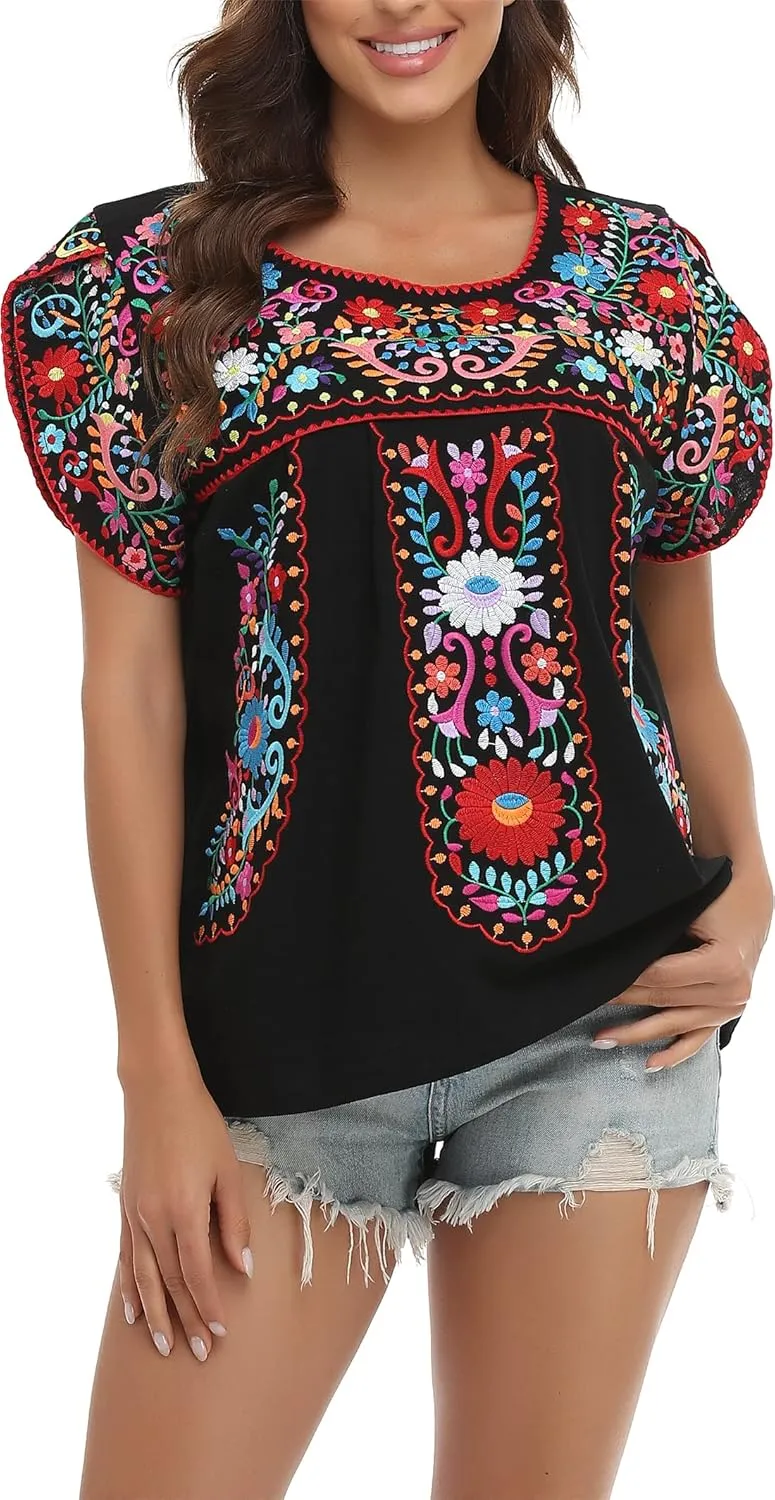 YZXDORWJ Women's Summer Boho Embroidery Mexican Bohemian Tops Shirt Tunic