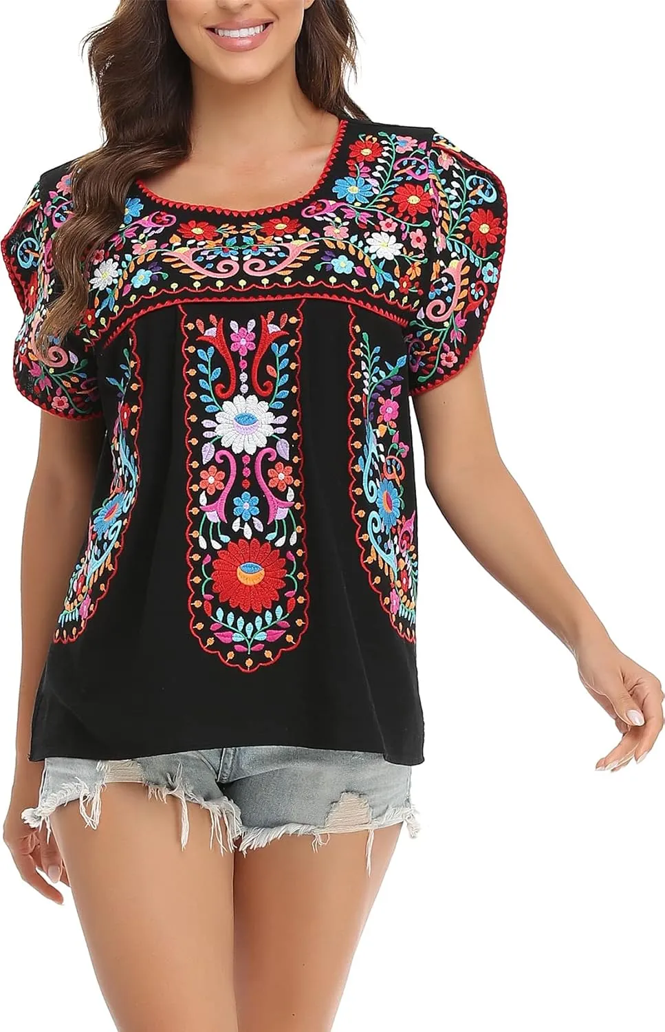 YZXDORWJ Women's Summer Boho Embroidery Mexican Bohemian Tops Shirt Tunic