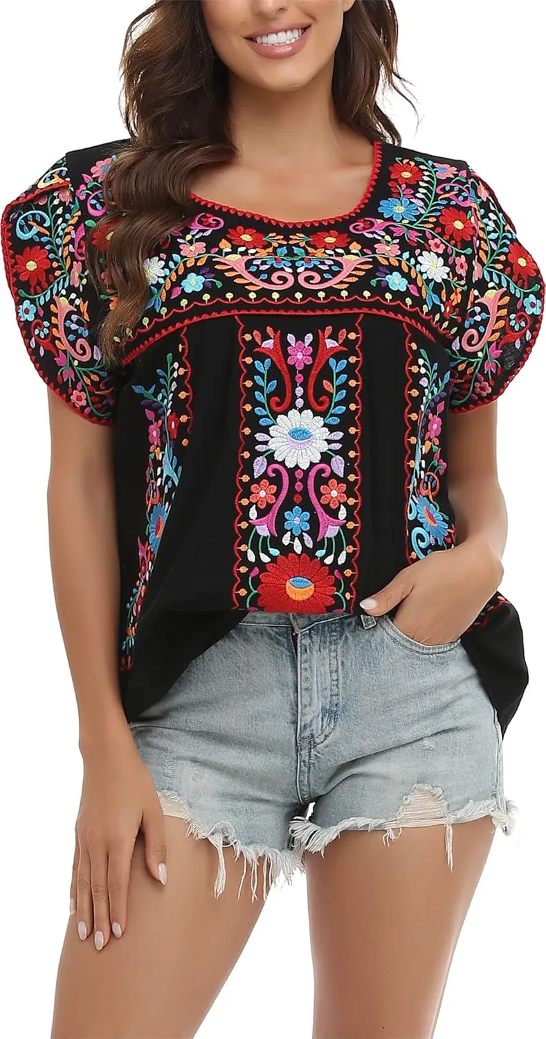 YZXDORWJ Women's Summer Boho Embroidery Mexican Bohemian Tops Shirt Tunic