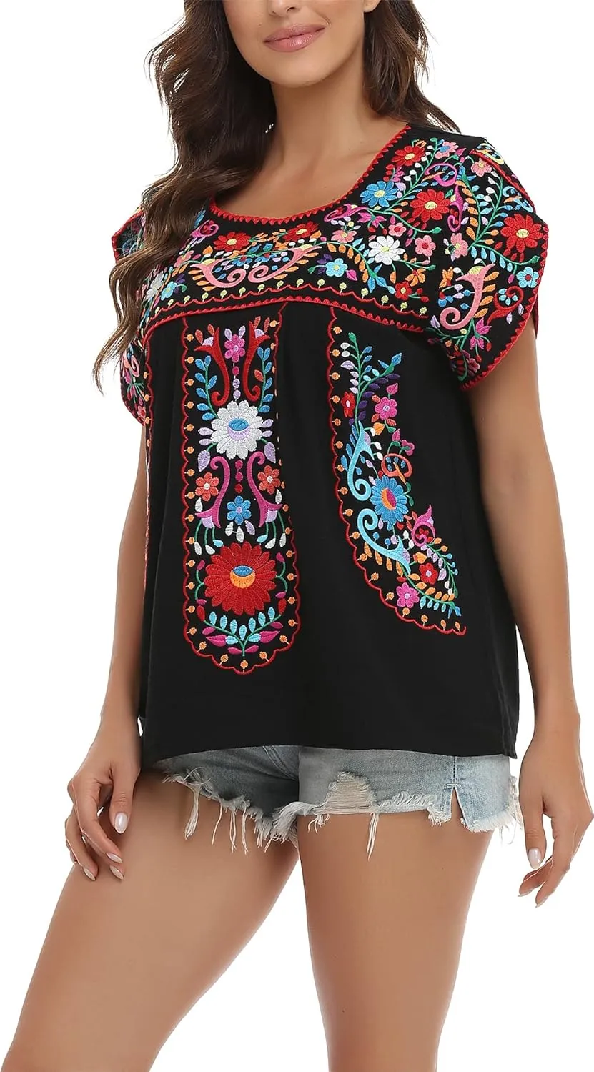 YZXDORWJ Women's Summer Boho Embroidery Mexican Bohemian Tops Shirt Tunic