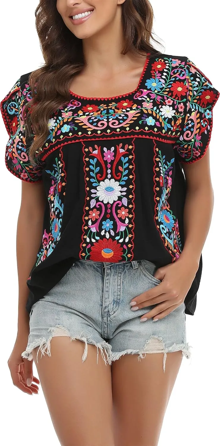 YZXDORWJ Women's Summer Boho Embroidery Mexican Bohemian Tops Shirt Tunic