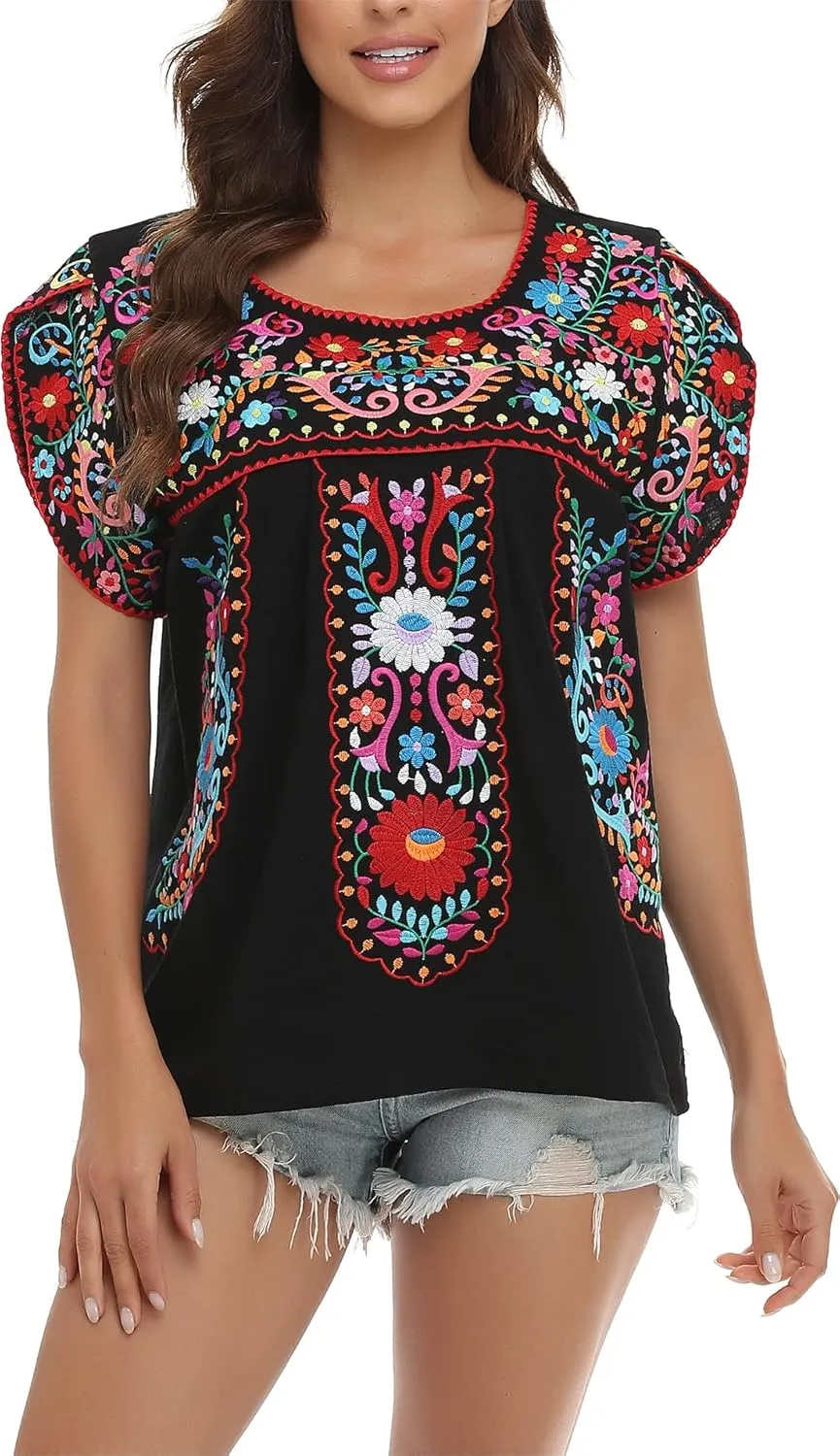 YZXDORWJ Women's Summer Boho Embroidery Mexican Bohemian Tops Shirt Tunic