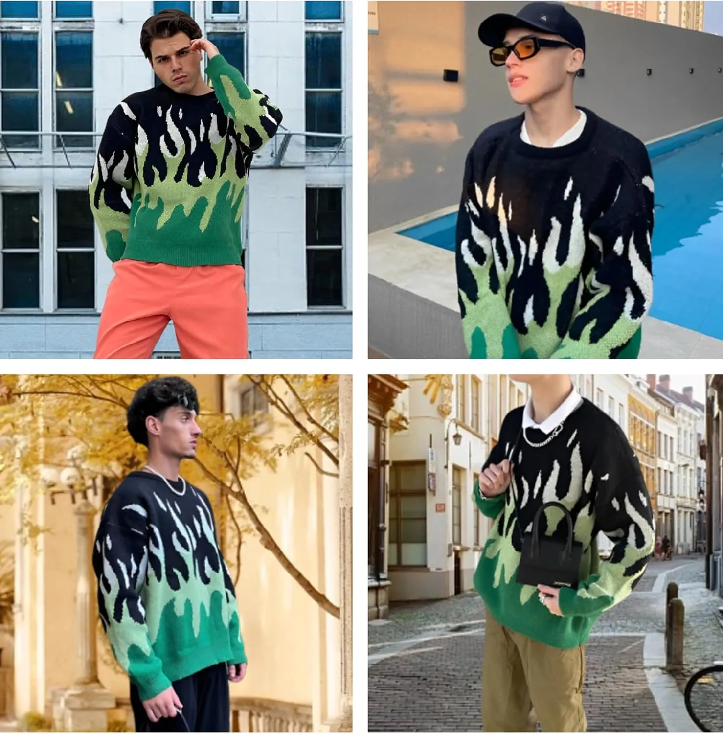 ZAFUL Men's Oversized Sweater Y2K Aesthetic Flame Graphic Crewneck Knit Pullover Unisex Casual Sweaters