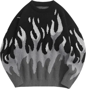 ZAFUL Men's Oversized Sweater Y2K Aesthetic Flame Graphic Crewneck Knit Pullover Unisex Casual Sweaters