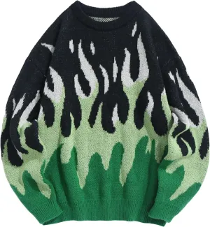 ZAFUL Men's Oversized Sweater Y2K Aesthetic Flame Graphic Crewneck Knit Pullover Unisex Casual Sweaters