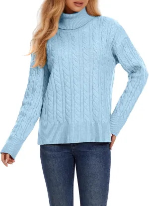 ZANZEA Turtleneck Sweater Women Long Sleeve Oversized Pullover Spilt Hem Chunky Cable Knit Jumper Fall Sweaters 2024