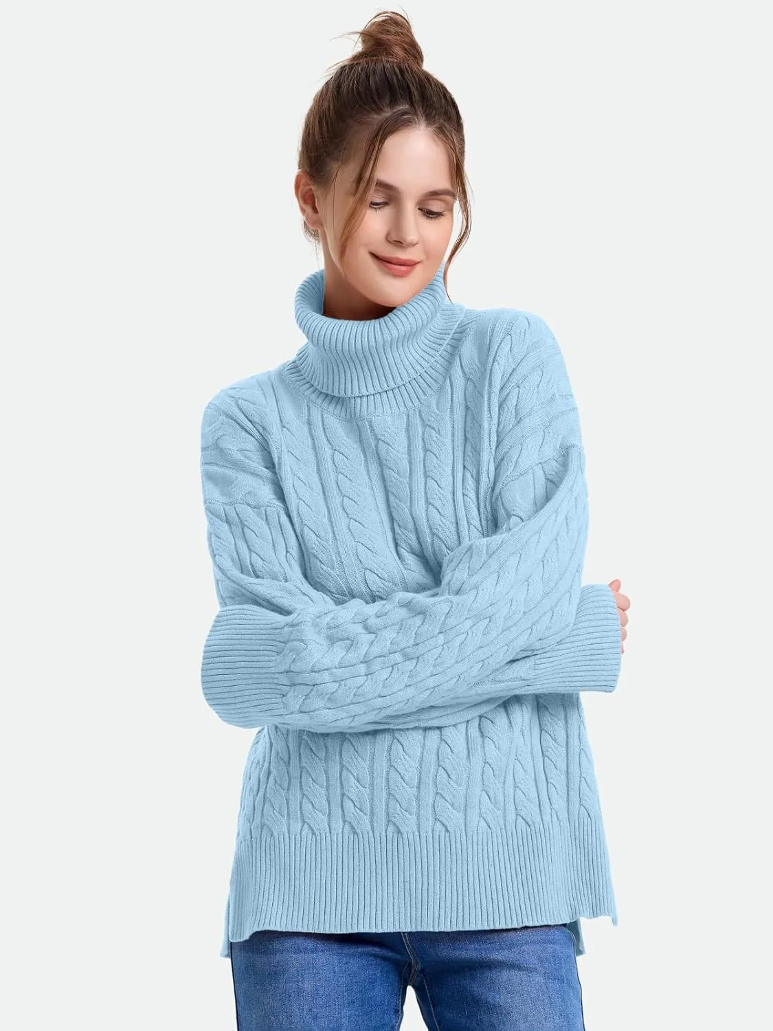 ZANZEA Turtleneck Sweater Women Long Sleeve Oversized Pullover Spilt Hem Chunky Cable Knit Jumper Fall Sweaters 2024