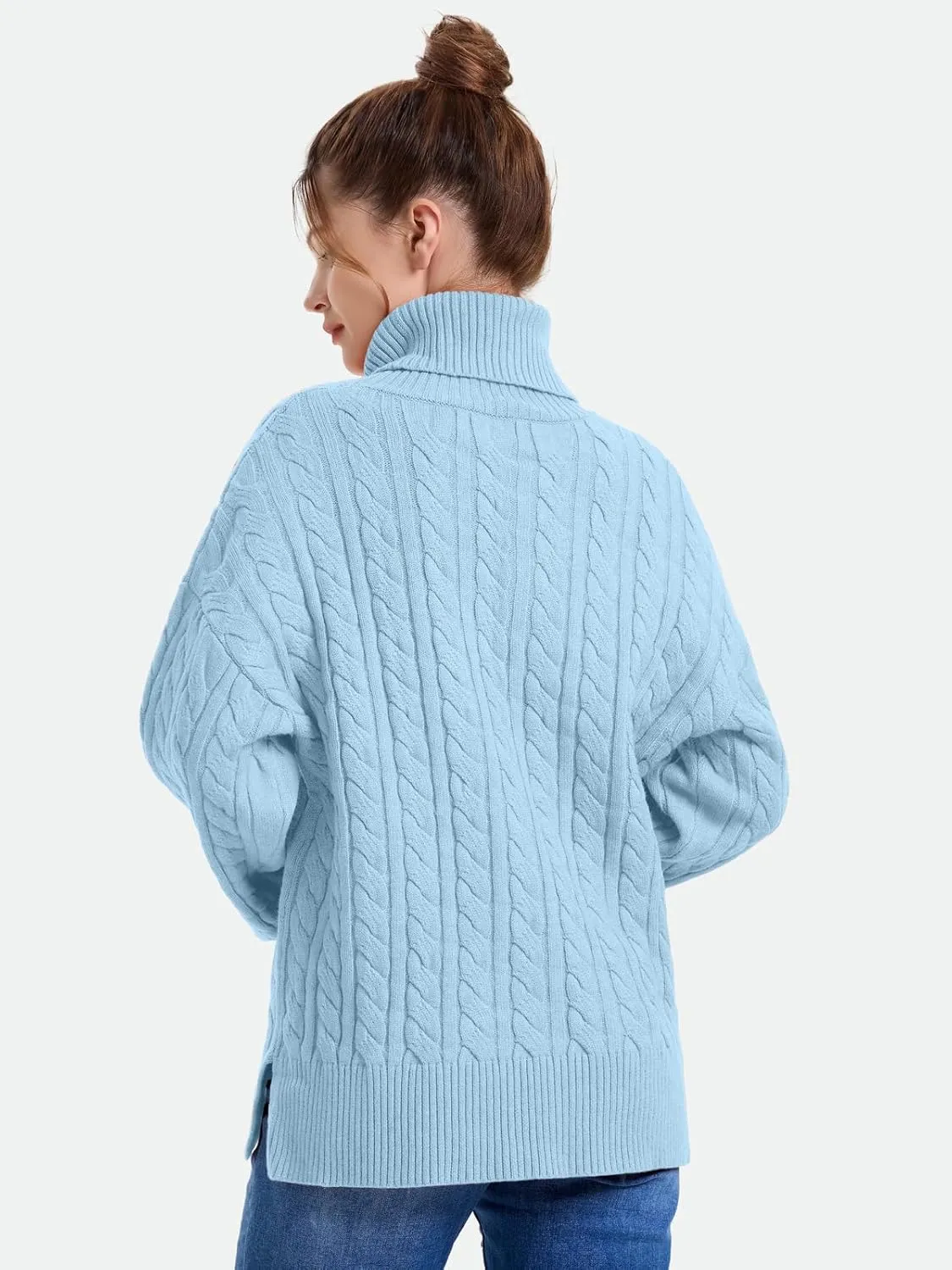ZANZEA Turtleneck Sweater Women Long Sleeve Oversized Pullover Spilt Hem Chunky Cable Knit Jumper Fall Sweaters 2024