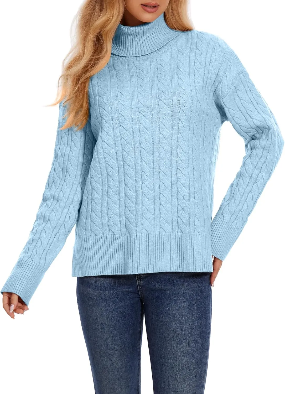 ZANZEA Turtleneck Sweater Women Long Sleeve Oversized Pullover Spilt Hem Chunky Cable Knit Jumper Fall Sweaters 2024