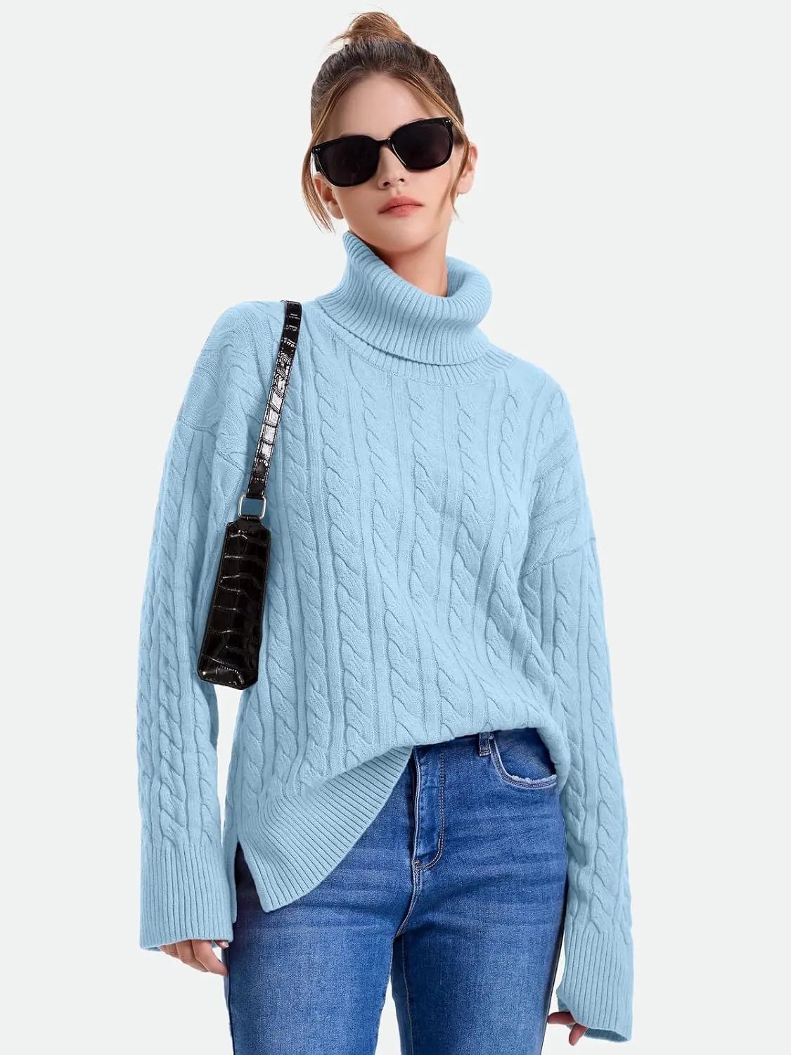 ZANZEA Turtleneck Sweater Women Long Sleeve Oversized Pullover Spilt Hem Chunky Cable Knit Jumper Fall Sweaters 2024