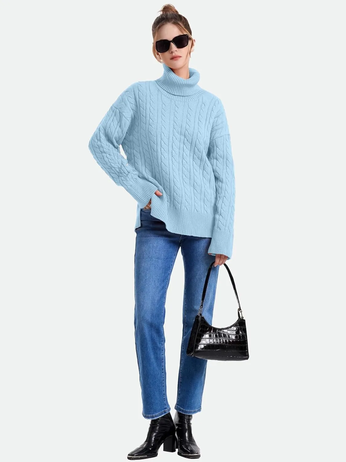 ZANZEA Turtleneck Sweater Women Long Sleeve Oversized Pullover Spilt Hem Chunky Cable Knit Jumper Fall Sweaters 2024